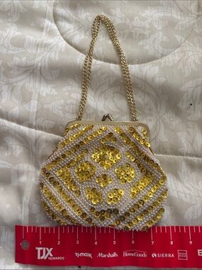 Gold Sequin Beaded Mini Evening Bag with Chain